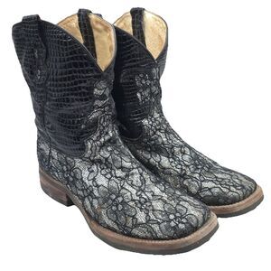 Ferrini Cowgirl Boots Women’s 9B Floral Black Silver Lace Glitter Square Toe